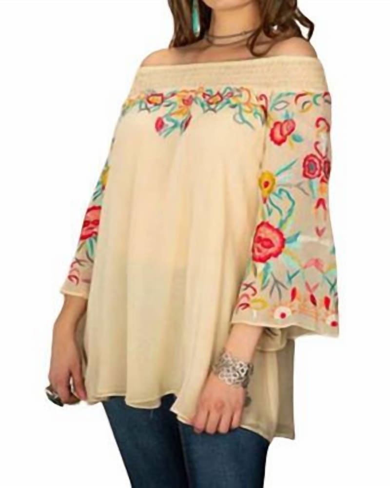 Front of a model wearing a size XLARGE Emily Tunic in Beige in Beige by Vintage Collection. | dia_product_style_image_id:333530